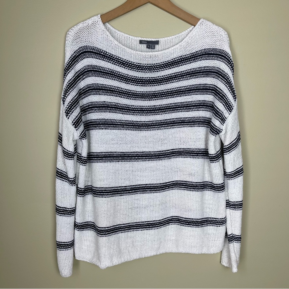 Vince 100% Linen White and Blue Stripes Knit Sweater Size Large